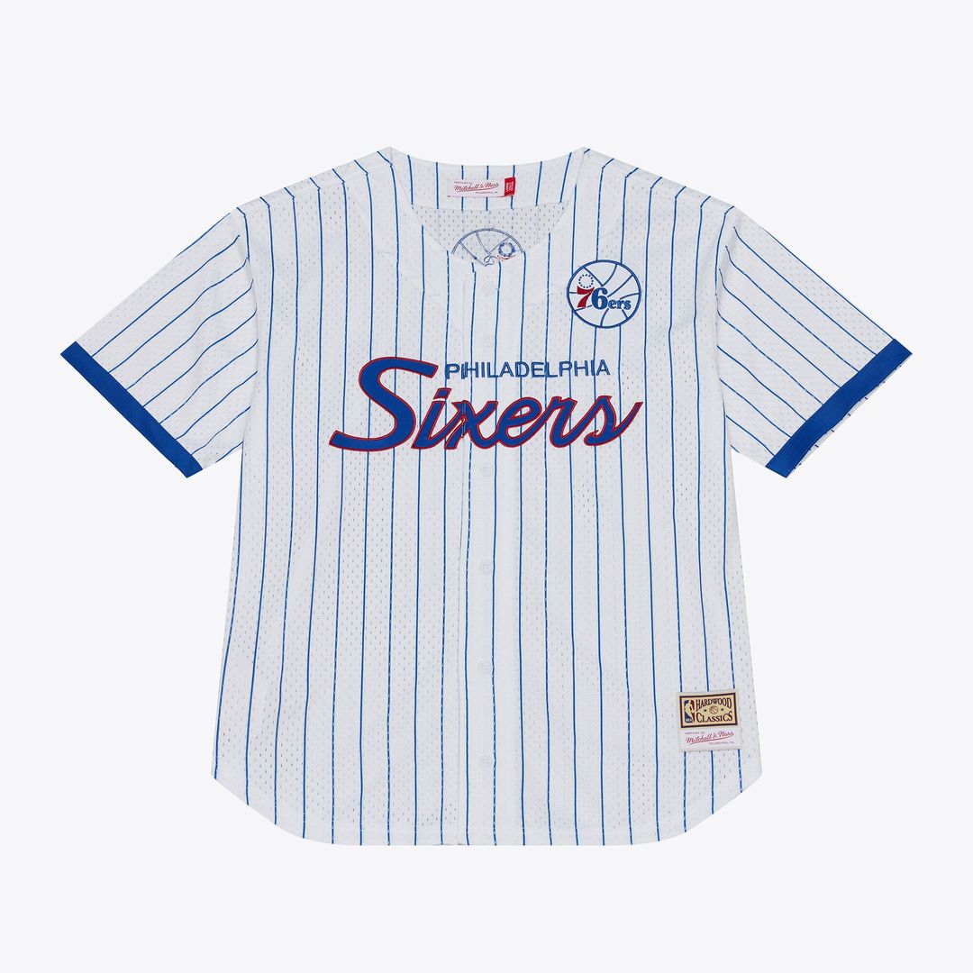 Philadelphia 76ers Mitchell & Ness Head Coach Pinstripe Mesh Full-Button Baseball Jersey - White | NBA Fan Gear