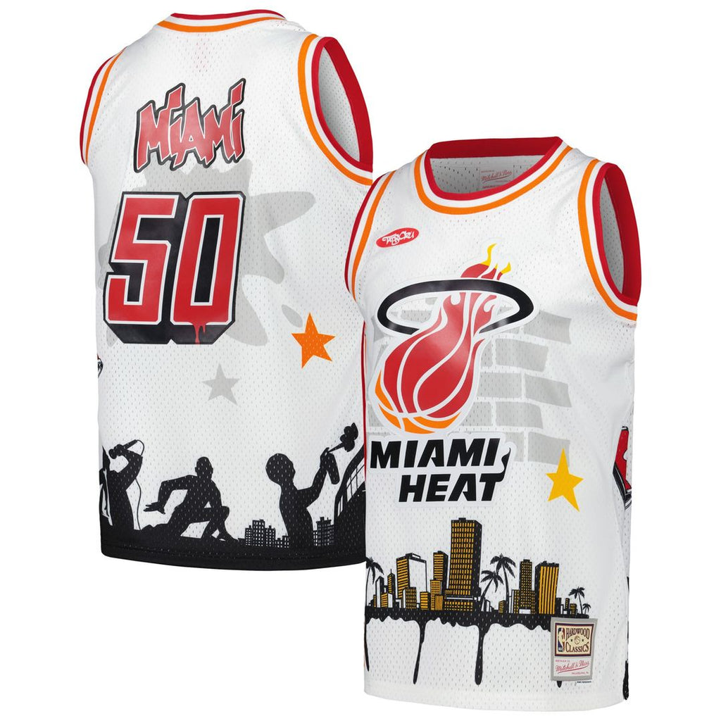 Miami Heat Mitchell & Ness x Tats Cru Hardwood Classics Fashion Jersey - White | NBA Fan Gear
