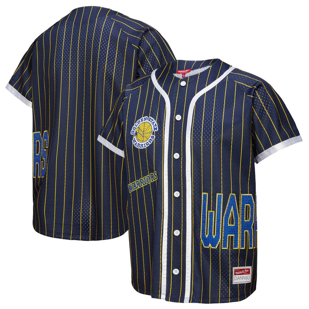 Golden State Warriors Mitchell & Ness x DANNIJO Women's Fashion Baseball Jersey - Blue | NBA Fan Gear