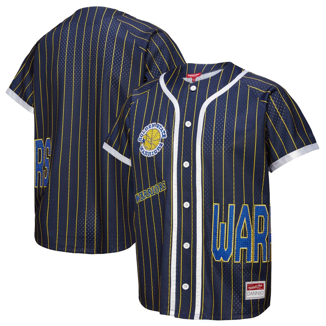 Golden State Warriors Mitchell & Ness x DANNIJO Women's Fashion Baseball Jersey - Blue | NBA Fan Gear