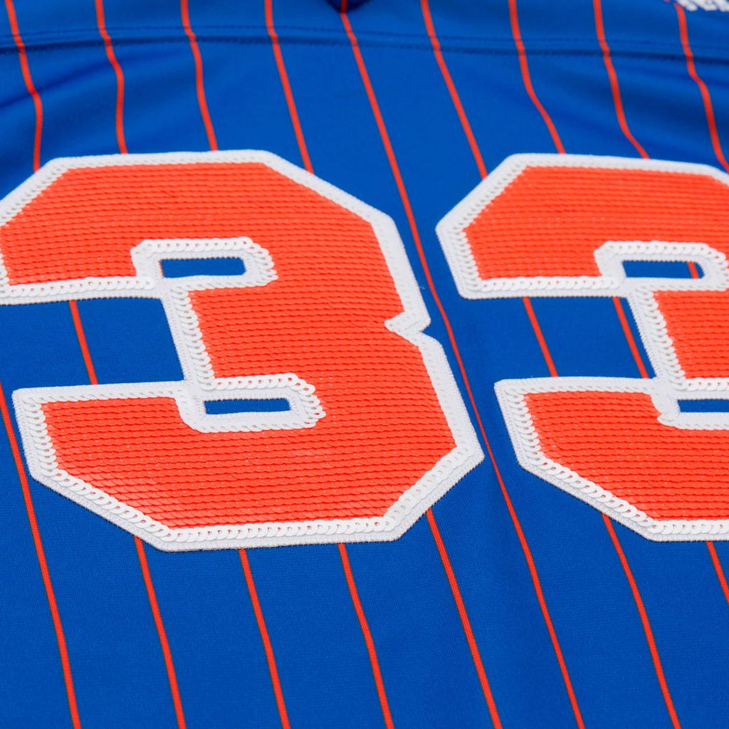 Patrick Ewing New York Knicks Mitchell & Ness x DANNIJO Women's Name & Number Cropped Football Jersey - Blue | NBA Fan Gear