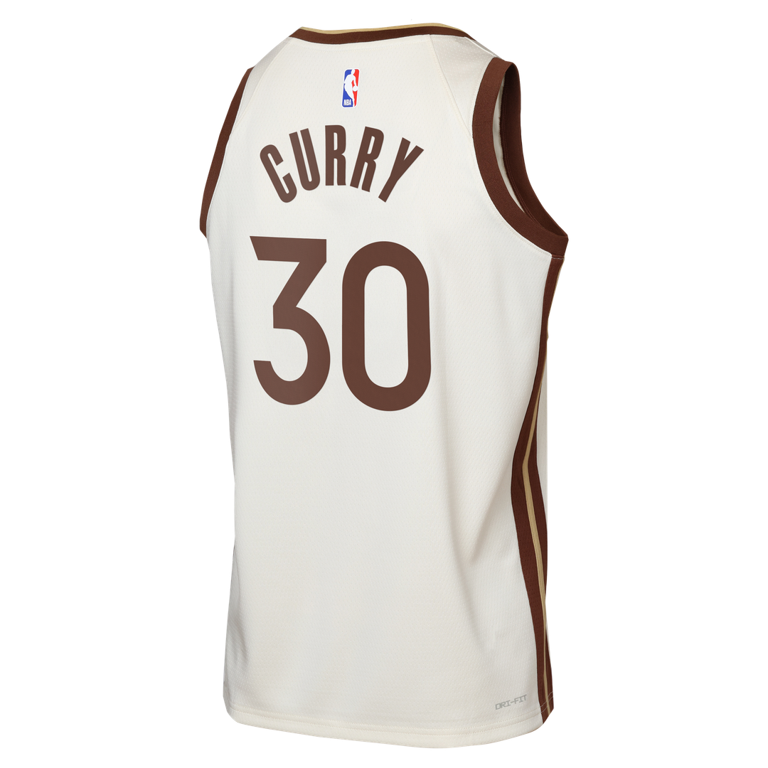 Stephen Curry Golden State Warriors Nike Youth Swingman Finished Badge Player Jersey - City Edition - Tan | NBA Fan Gear