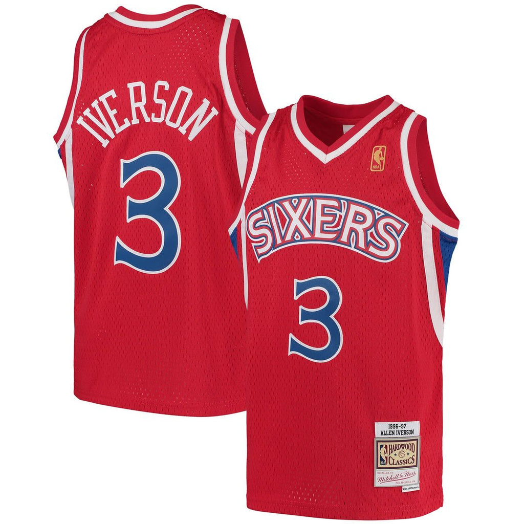 Allen Iverson Philadelphia 76ers Mitchell & Ness Youth 1996/ 97 Hardwood Classics Swingman Throwback Jersey - Red | NBA Fan Gear