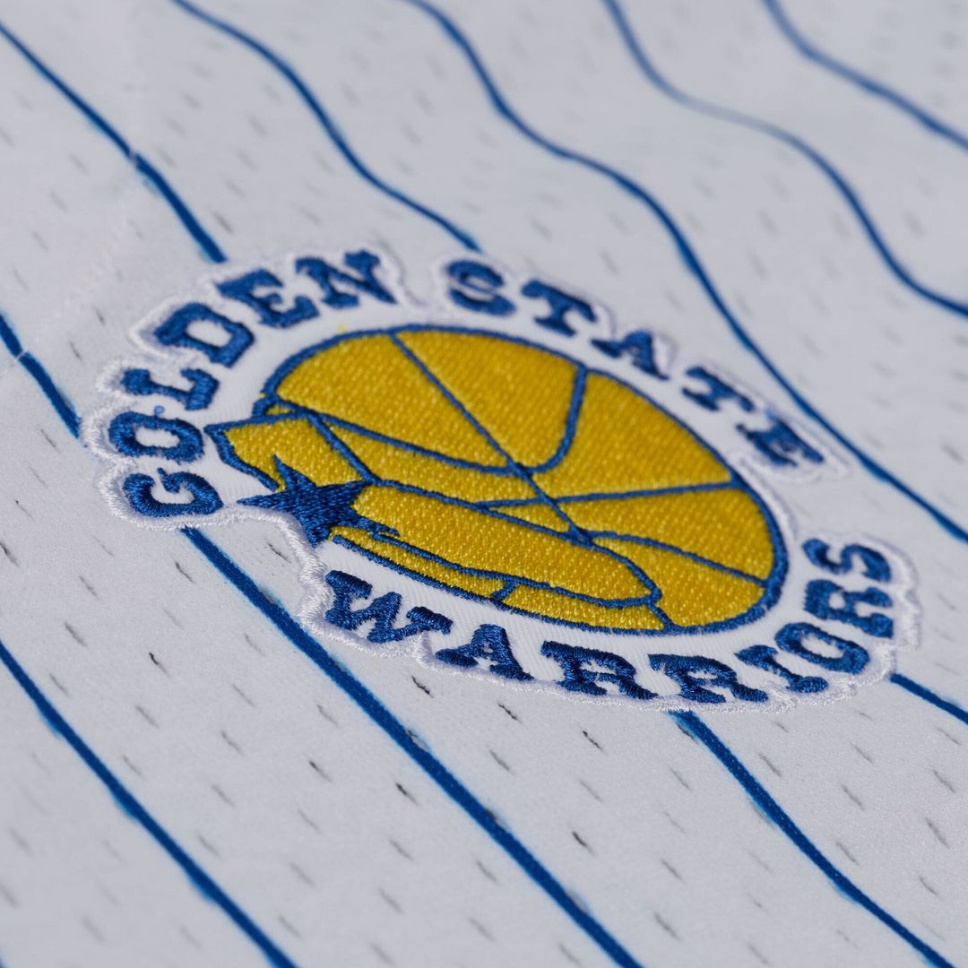 Golden State Warriors Mitchell & Ness Head Coach Pinstripe Mesh Full-Button Baseball Jersey - White | NBA Fan Gear