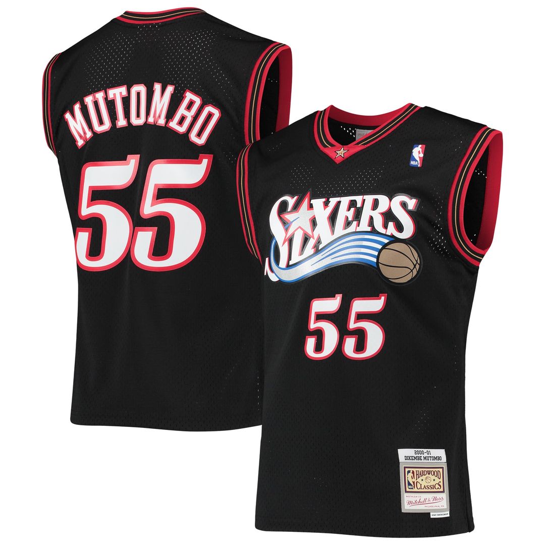 Dikembe Mutombo Philadelphia 76ers Mitchell & Ness Hardwood Classics Swingman Jersey - Black | NBA Fan Gear