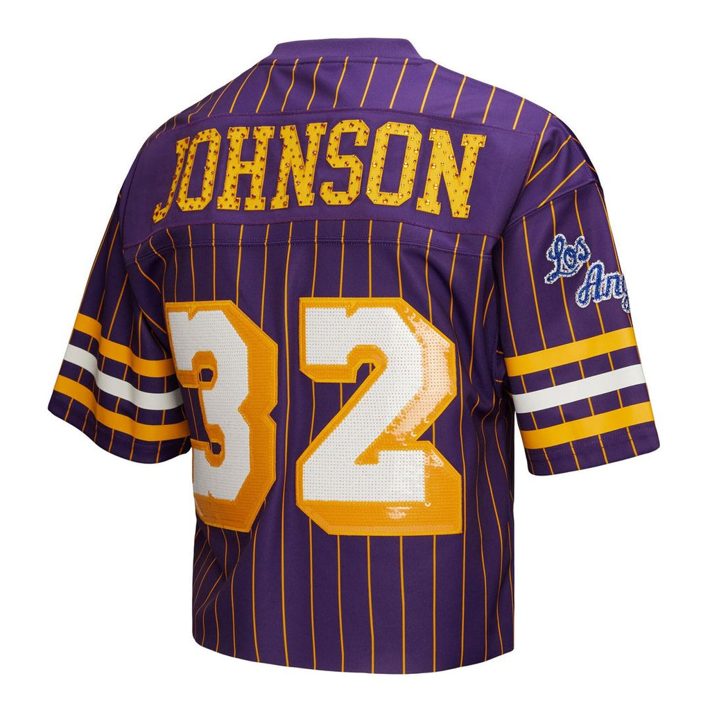 Magic Johnson Los Angeles Lakers Mitchell & Ness x DANNIJO Women's Cropped Football Fashion Jersey - Purple | NBA Fan Gear