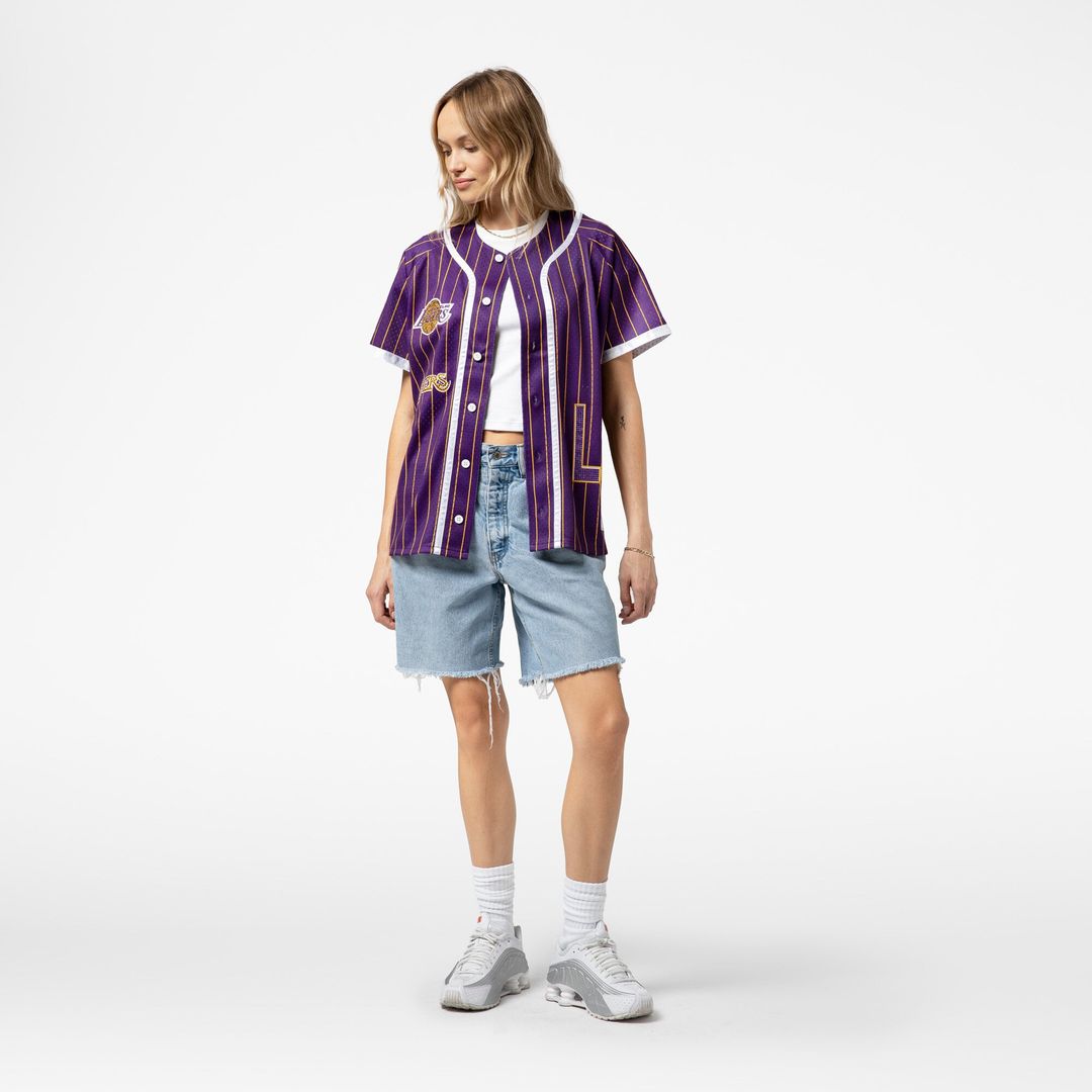 Los Angeles Lakers Mitchell & Ness x DANNIJO Women's Fashion Baseball Jersey - Purple | NBA Fan Gear