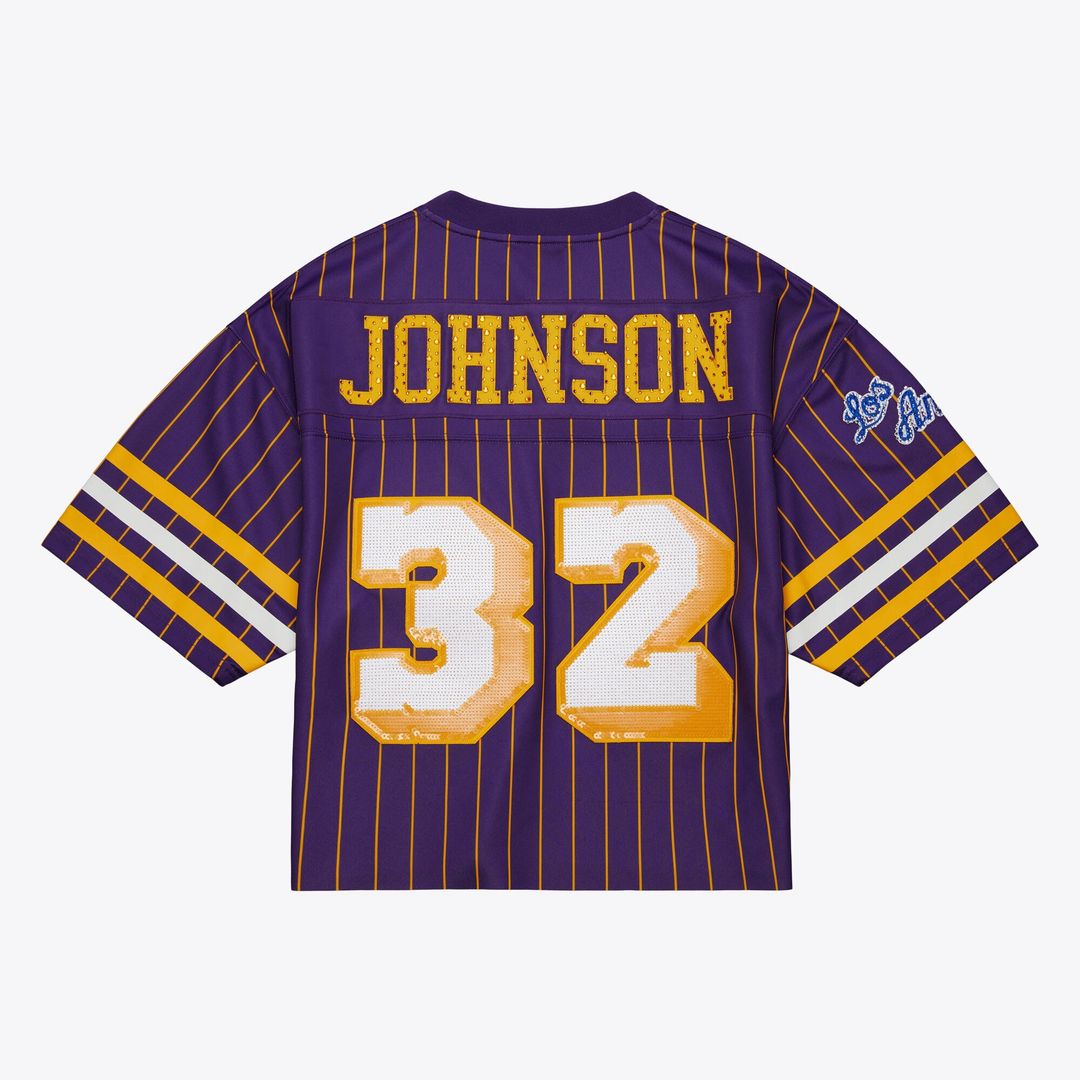 Magic Johnson Los Angeles Lakers Mitchell & Ness x DANNIJO Women's Cropped Football Fashion Jersey - Purple | NBA Fan Gear