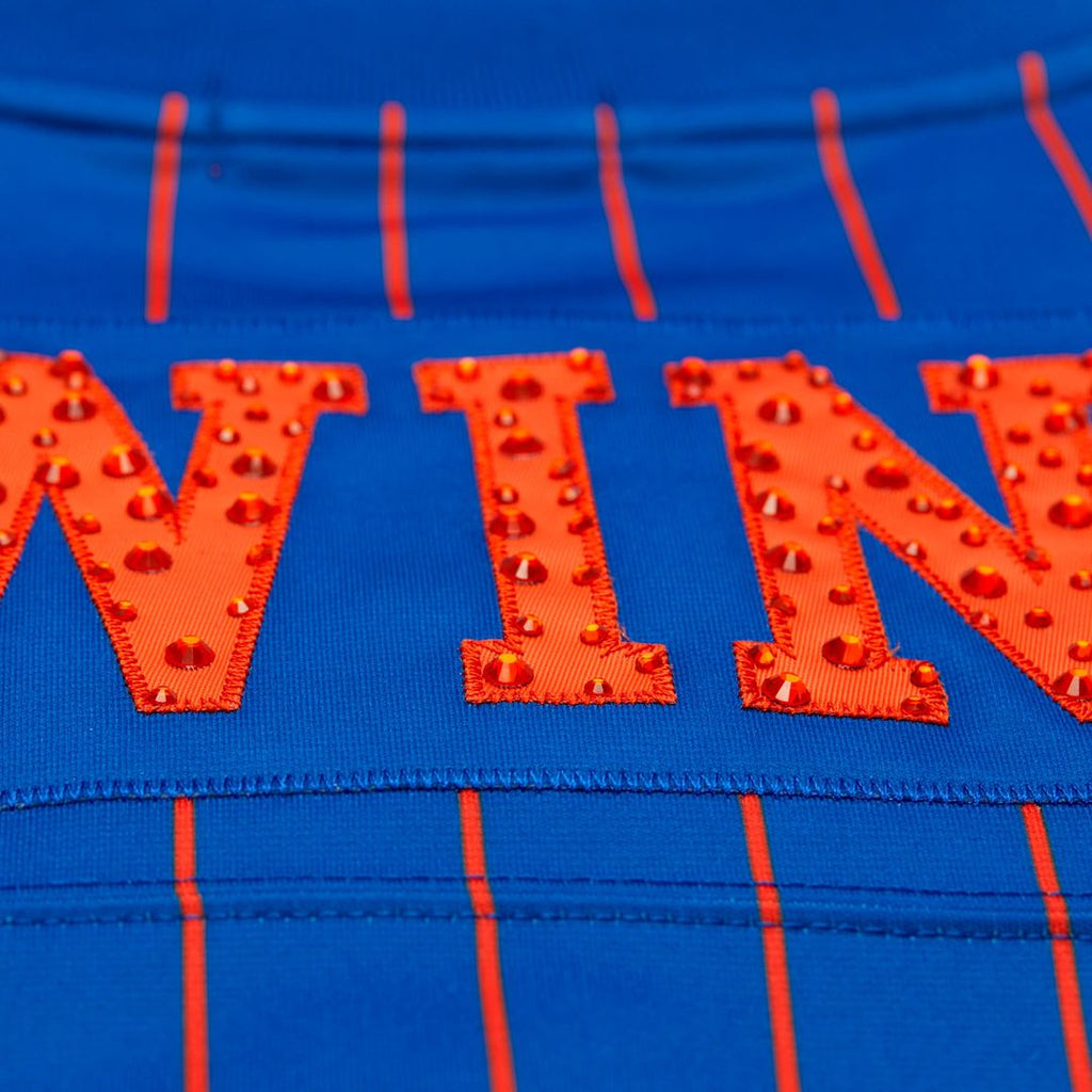 Patrick Ewing New York Knicks Mitchell & Ness x DANNIJO Women's Name & Number Cropped Football Jersey - Blue | NBA Fan Gear