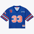 Patrick Ewing New York Knicks Mitchell & Ness x DANNIJO Women's Name & Number Cropped Football Jersey - Blue | NBA Fan Gear