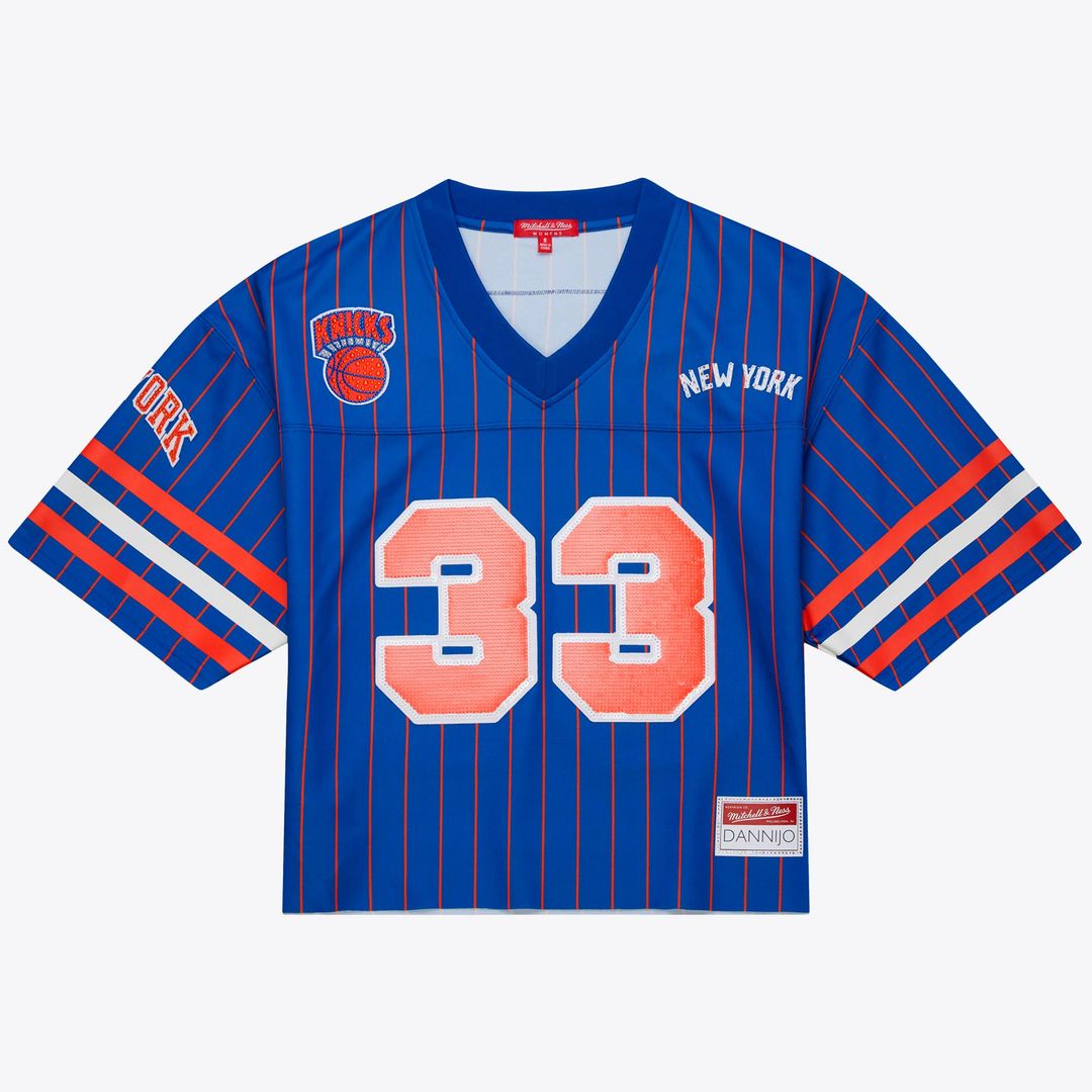 Patrick Ewing New York Knicks Mitchell & Ness x DANNIJO Women's Name & Number Cropped Football Jersey - Blue | NBA Fan Gear