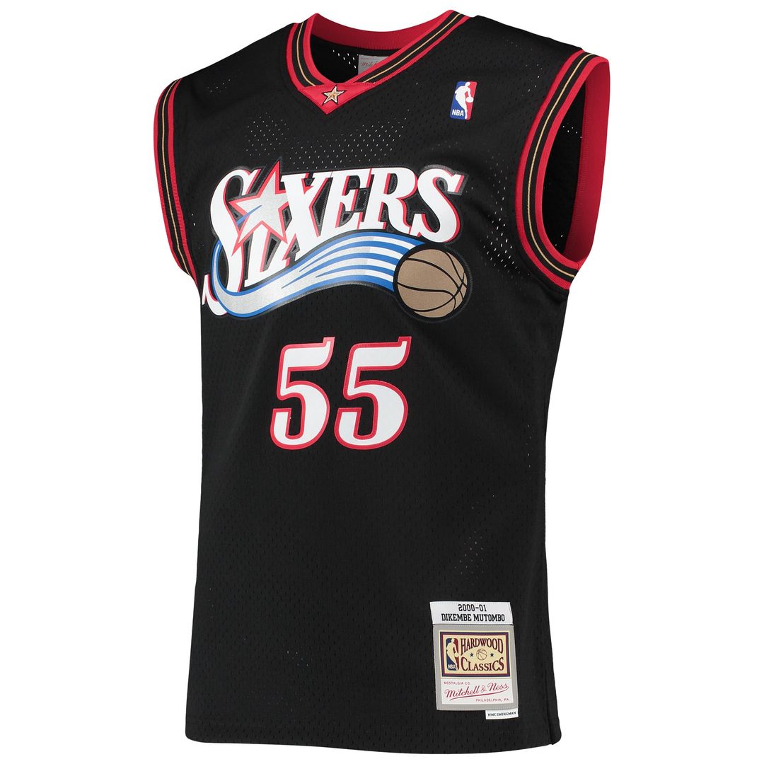 Dikembe Mutombo Philadelphia 76ers Mitchell & Ness Hardwood Classics Swingman Jersey - Black | NBA Fan Gear