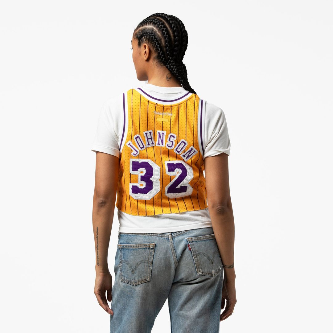 Magic Johnson Los Angeles Lakers Mitchell & Ness x DANNIJO Women's Fashion Cropped Basketball Jersey - Yellow | NBA Fan Gear