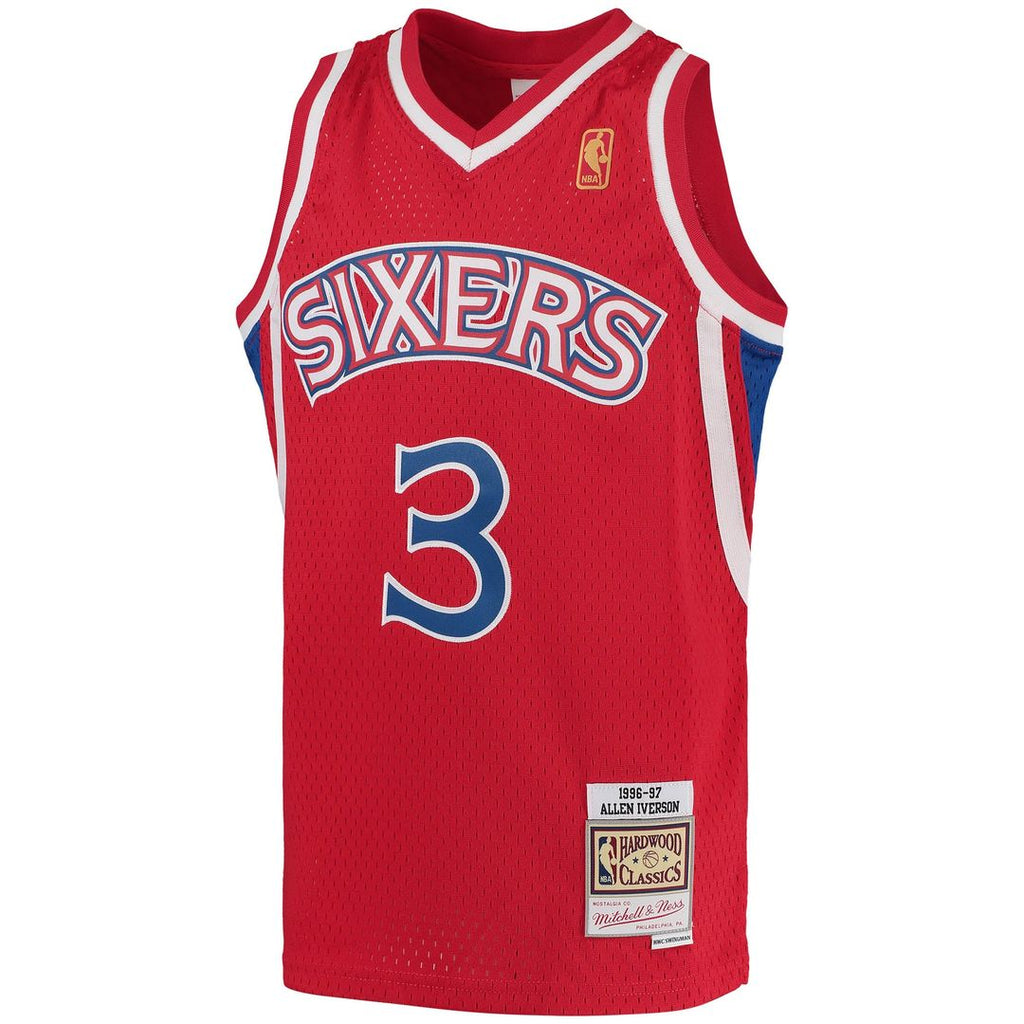 Allen Iverson Philadelphia 76ers Mitchell & Ness Youth 1996/ 97 Hardwood Classics Swingman Throwback Jersey - Red | NBA Fan Gear