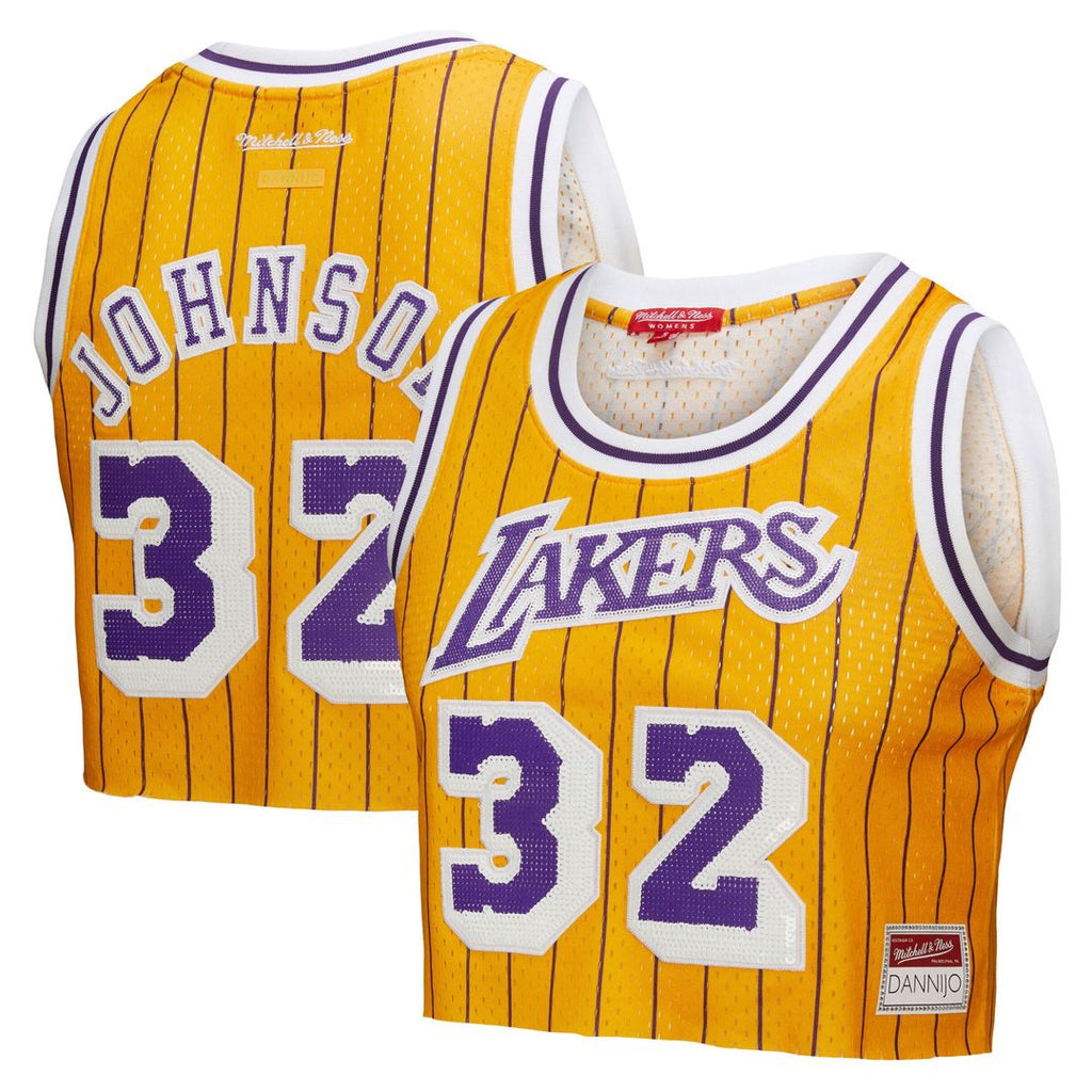 Magic Johnson Los Angeles Lakers Mitchell & Ness x DANNIJO Women's Fashion Cropped Basketball Jersey - Yellow | NBA Fan Gear