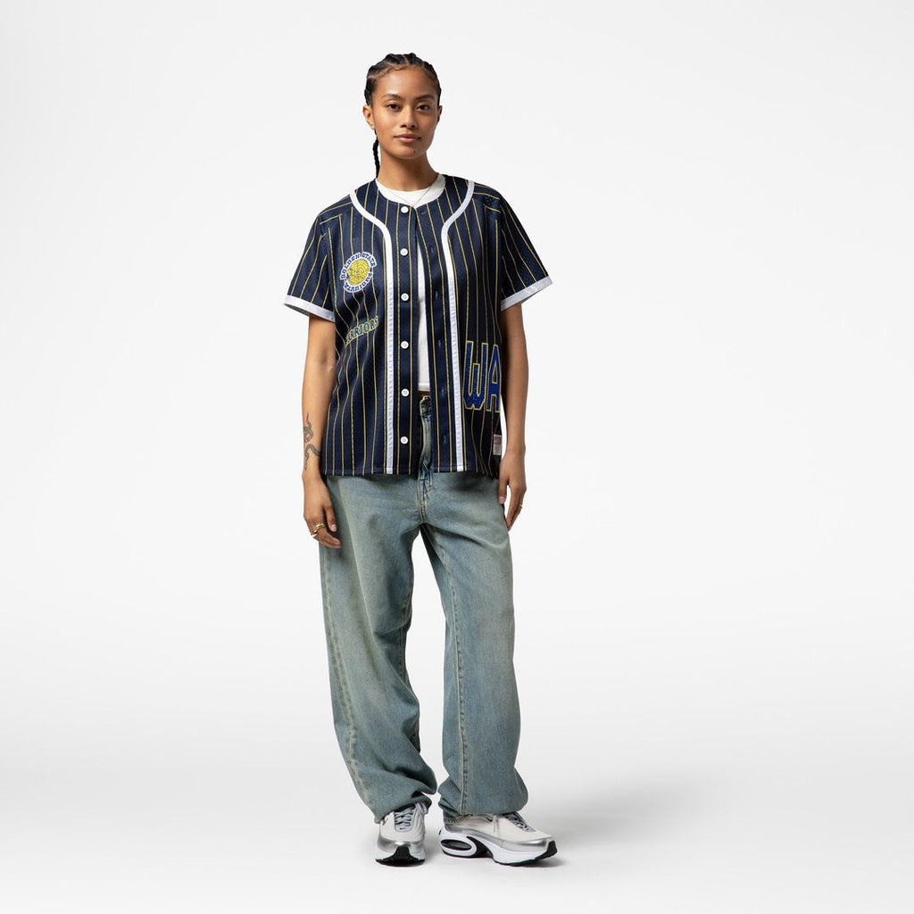 Golden State Warriors Mitchell & Ness x DANNIJO Women's Fashion Baseball Jersey - Blue | NBA Fan Gear