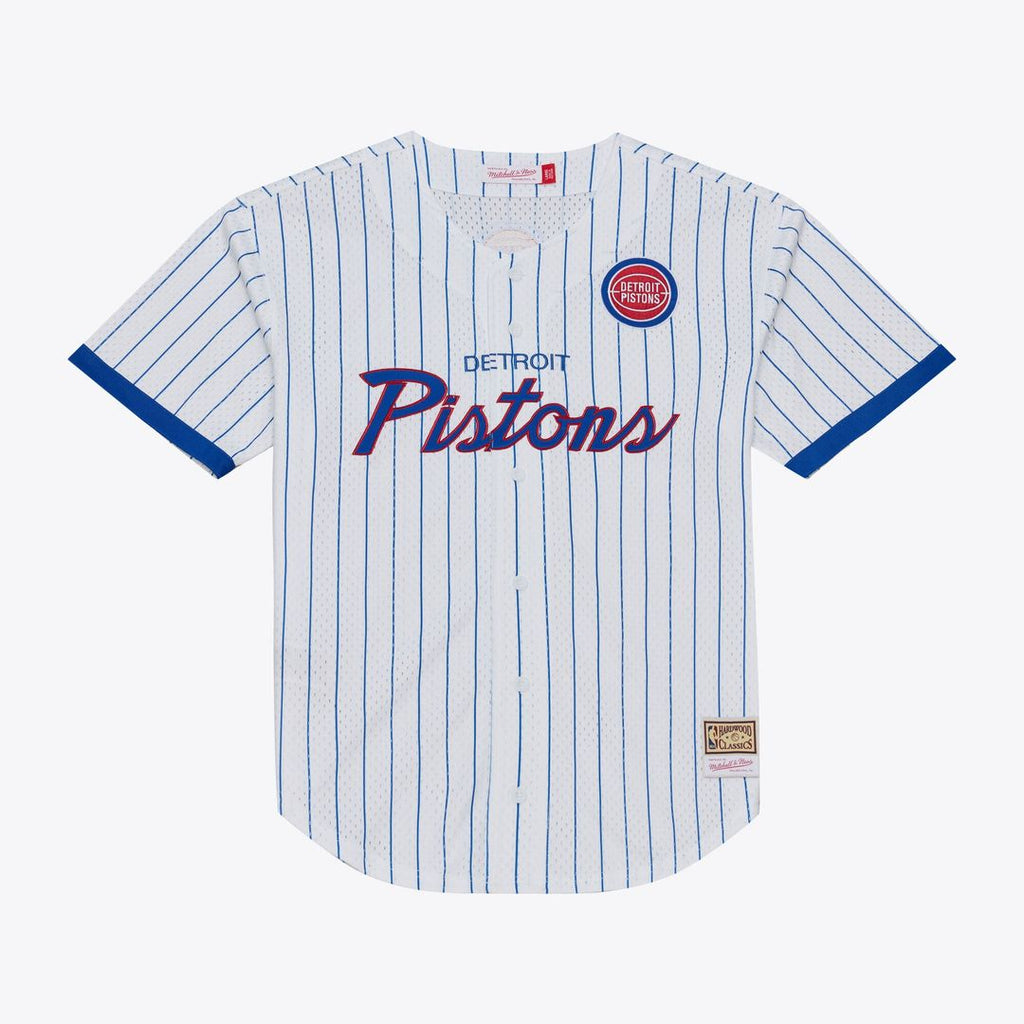 Detroit Pistons Mitchell & Ness Head Coach Pinstripe Mesh Full-Button Baseball Jersey - White | NBA Fan Gear