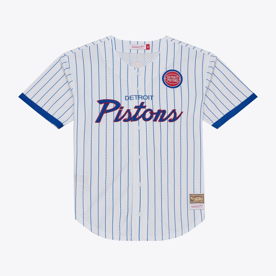 Detroit Pistons Mitchell & Ness Head Coach Pinstripe Mesh Full-Button Baseball Jersey - White | NBA Fan Gear