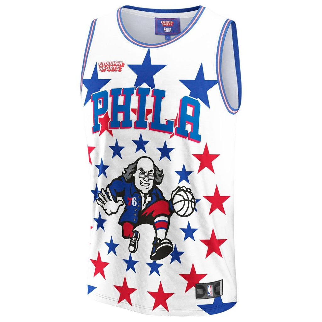 Philadelphia 76ers NBA & KidSuper Studios by Fanatics Unisex Hometown Jersey - White | NBA x KidSuper Fan Gear