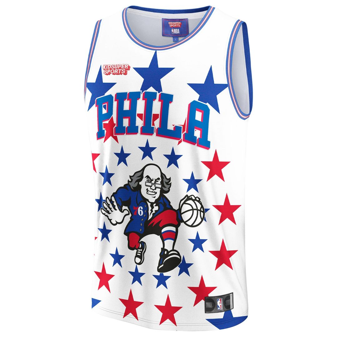 Philadelphia 76ers NBA & KidSuper Studios by Fanatics Unisex Hometown Jersey - White | NBA x KidSuper Fan Gear