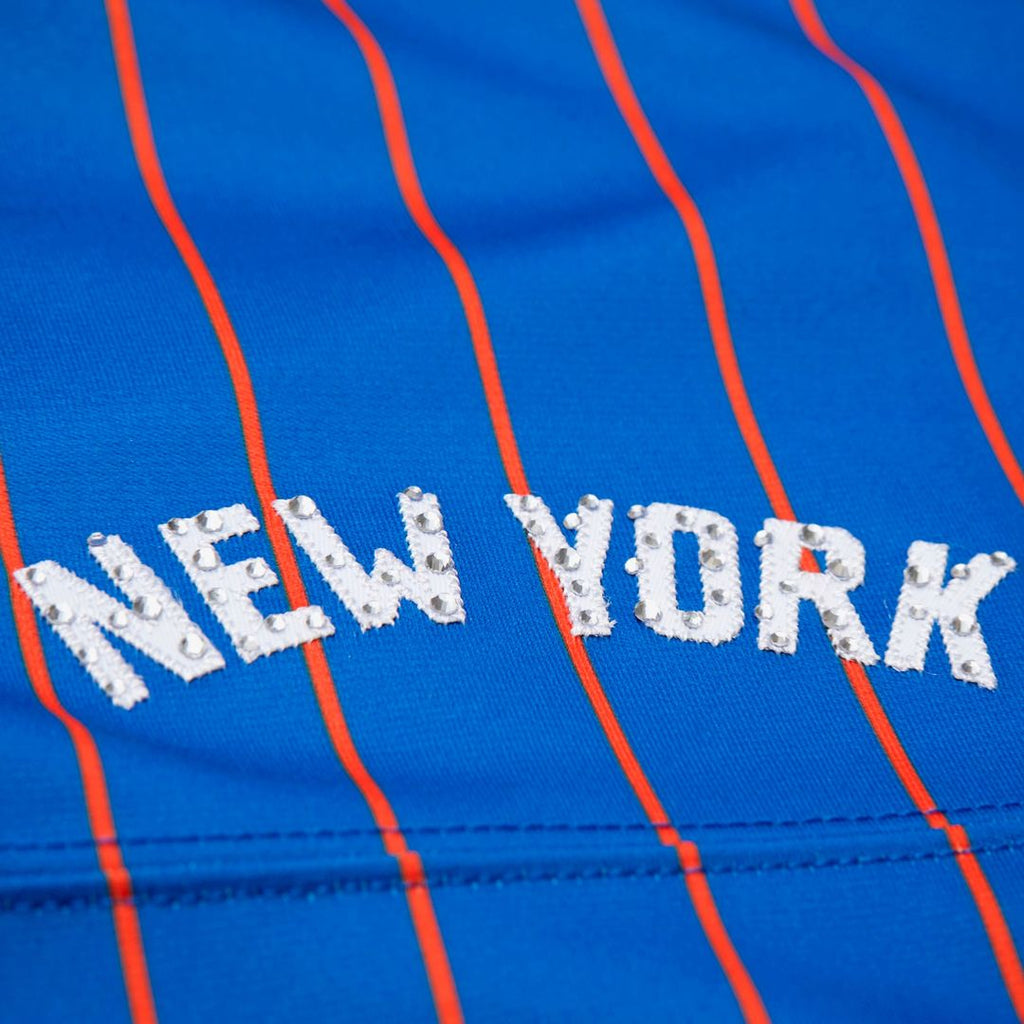 Patrick Ewing New York Knicks Mitchell & Ness x DANNIJO Women's Name & Number Cropped Football Jersey - Blue | NBA Fan Gear