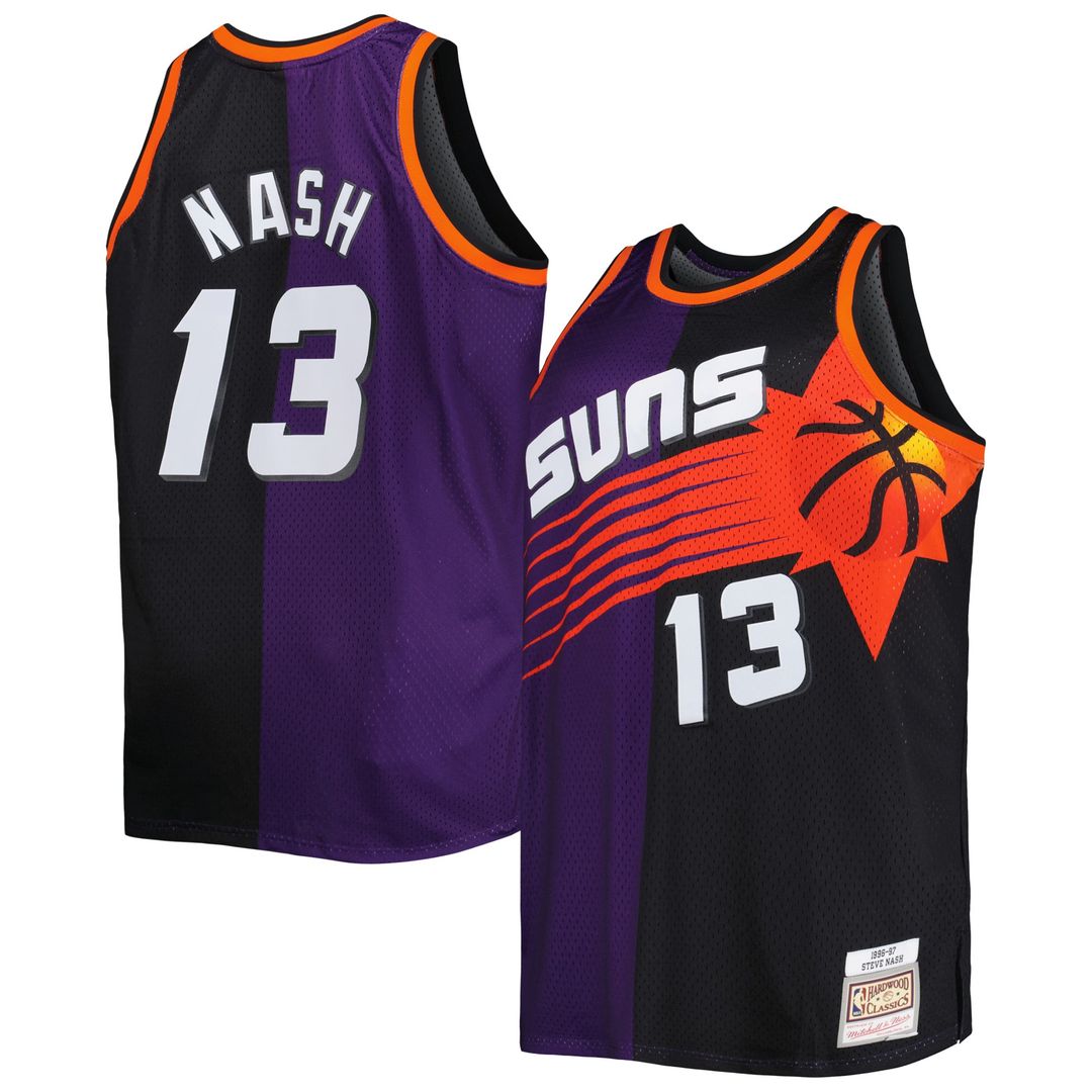 Steve Nash Phoenix Suns Mitchell & Ness Big & Tall Hardwood Classics 1996/ 97 Split Swingman Jersey - Purple/ Black | NBA Fan Gear