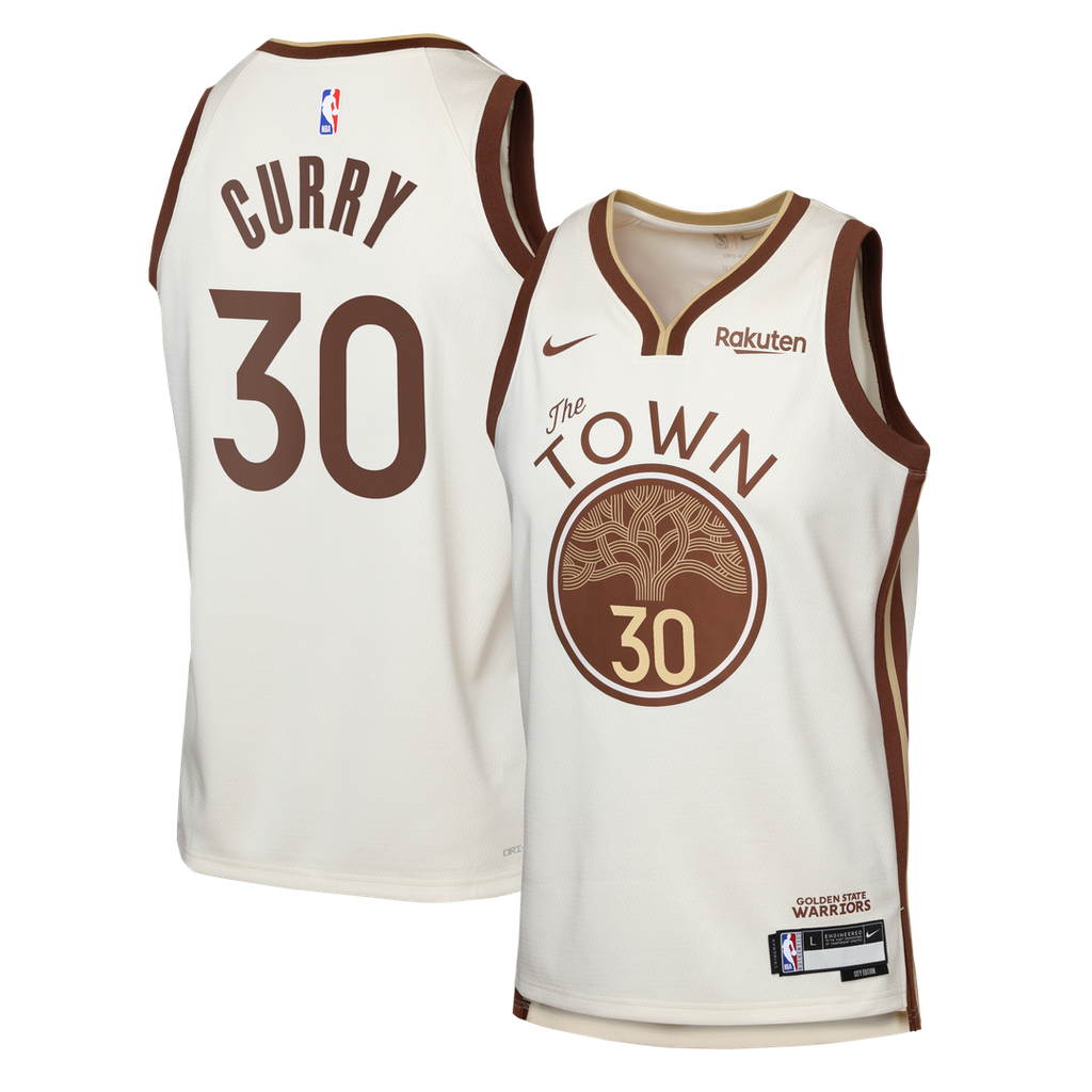 Stephen Curry Golden State Warriors Nike Youth Swingman Finished Badge Player Jersey - City Edition - Tan | NBA Fan Gear