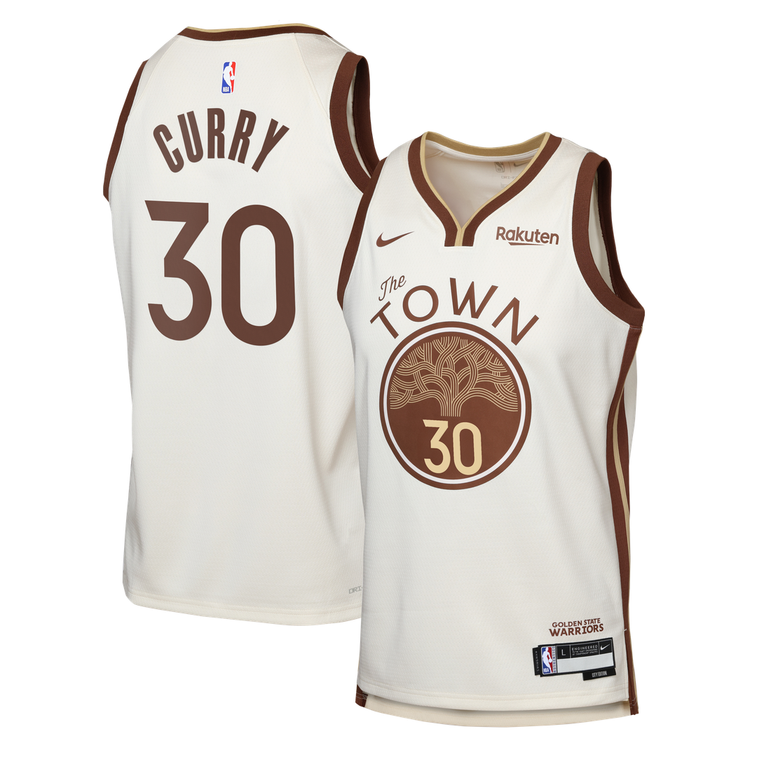 Stephen Curry Golden State Warriors Nike Youth Swingman Finished Badge Player Jersey - City Edition - Tan | NBA Fan Gear