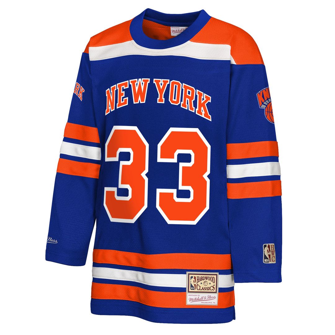 Patrick Ewing New York Knicks Mitchell & Ness Youth Maxxed Out 2.0 Fashion Hockey Jersey - Blue | NBA Fan Gear