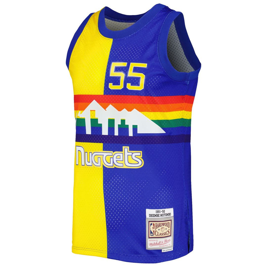 Dikembe Mutombo Denver Nuggets Mitchell & Ness Hardwood Classics 1991/ 92 Split Swingman Jersey - Royal/ Gold | NBA Fan Gear