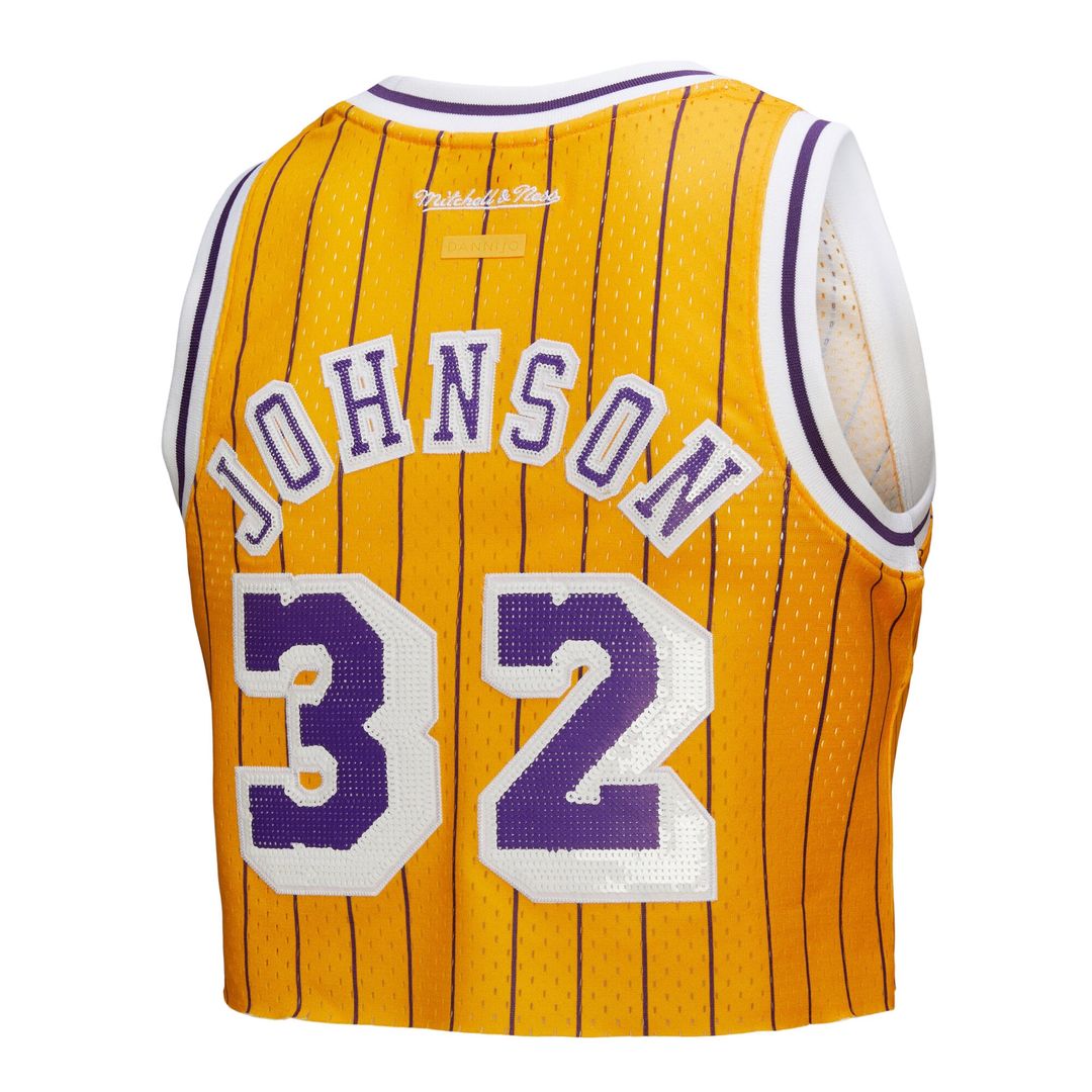 Magic Johnson Los Angeles Lakers Mitchell & Ness x DANNIJO Women's Fashion Cropped Basketball Jersey - Yellow | NBA Fan Gear