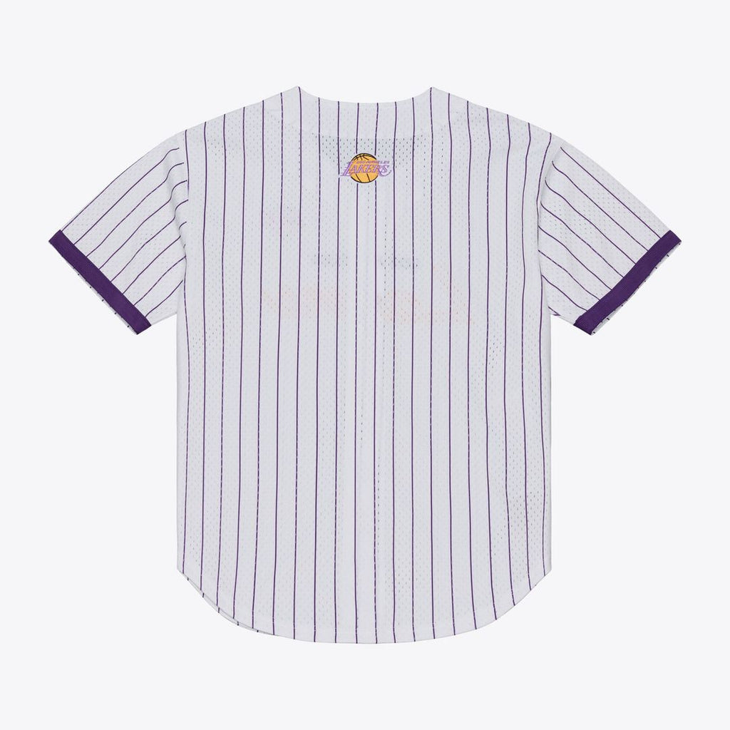 Los Angeles Lakers Mitchell & Ness Head Coach Pinstripe Mesh Full-Button Baseball Jersey - White | NBA Fan Gear