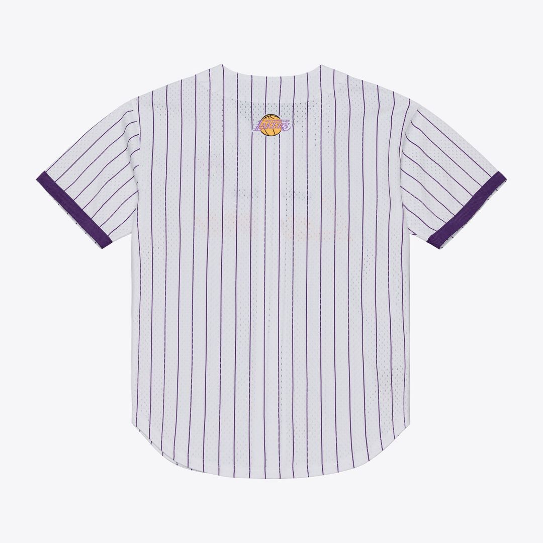 Los Angeles Lakers Mitchell & Ness Head Coach Pinstripe Mesh Full-Button Baseball Jersey - White | NBA Fan Gear