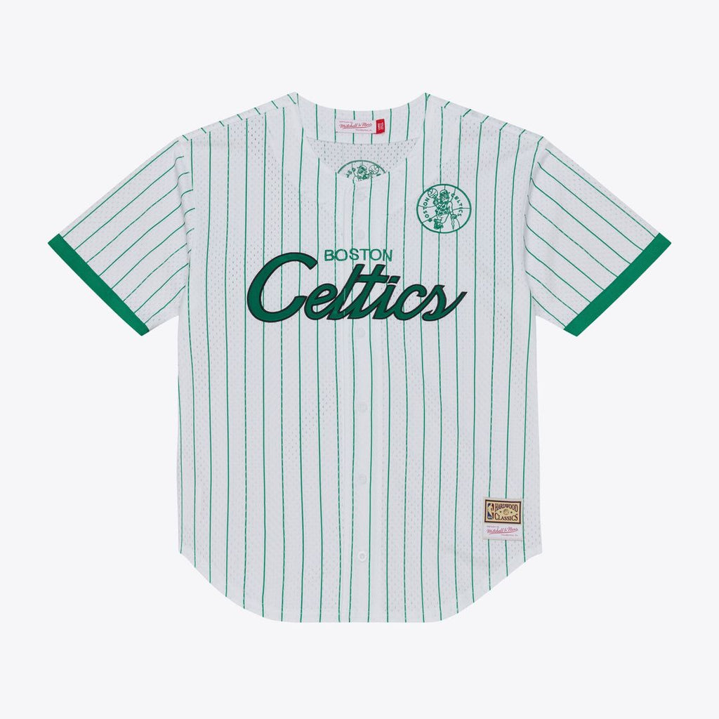 Boston Celtics Mitchell & Ness Head Coach Pinstripe Mesh Full-Button Baseball Jersey - White | NBA Fan Gear