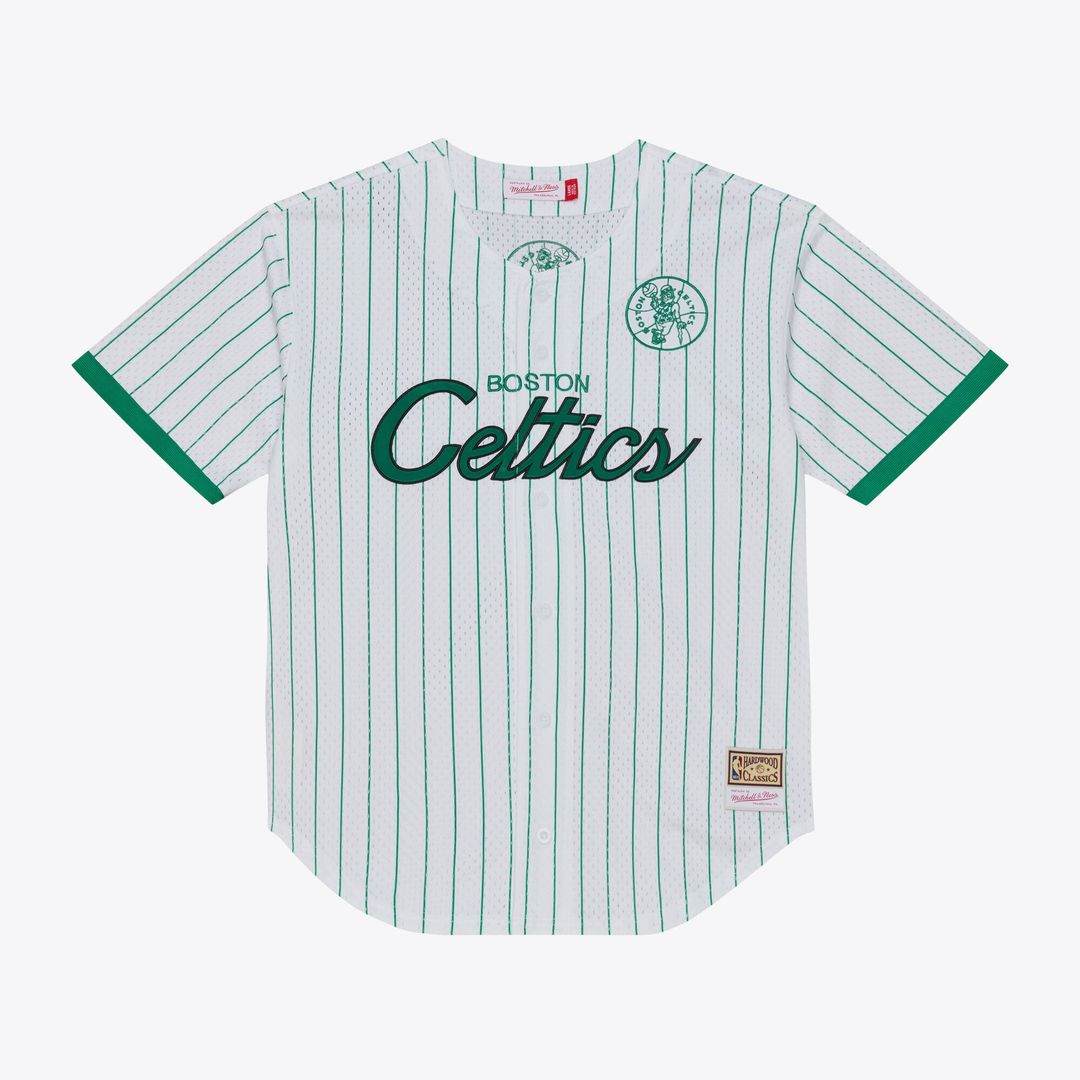 Boston Celtics Mitchell & Ness Head Coach Pinstripe Mesh Full-Button Baseball Jersey - White | NBA Fan Gear