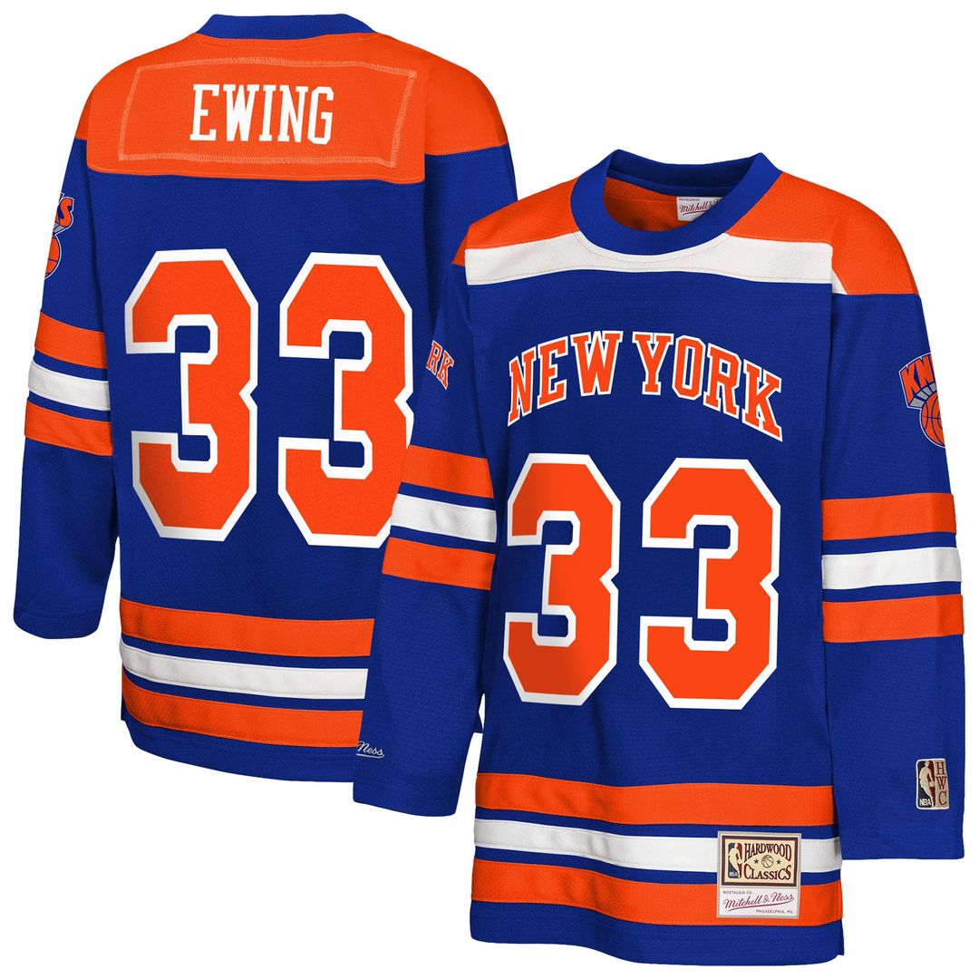 Patrick Ewing New York Knicks Mitchell & Ness Youth Maxxed Out 2.0 Fashion Hockey Jersey - Blue | NBA Fan Gear