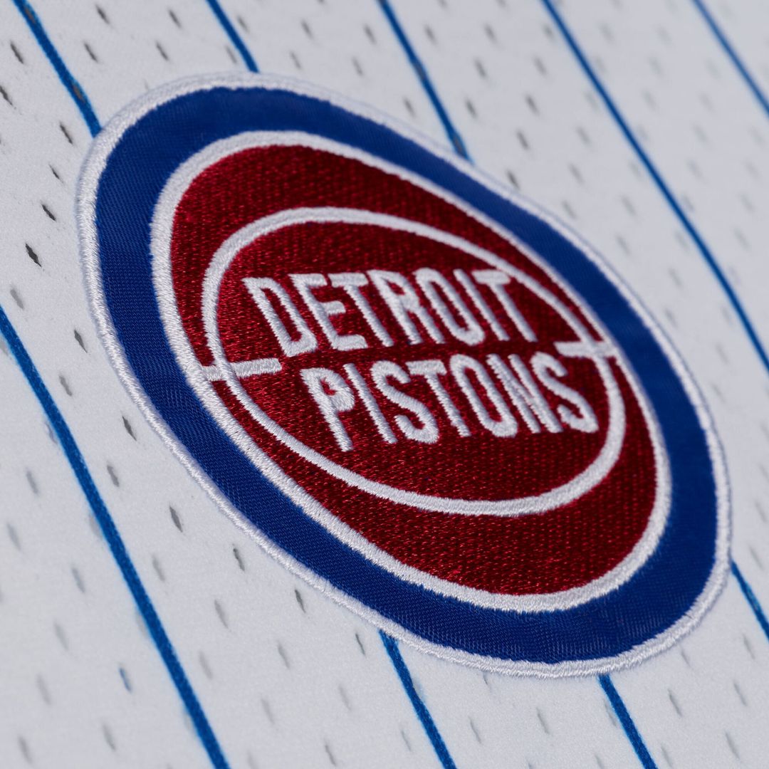 Detroit Pistons Mitchell & Ness Head Coach Pinstripe Mesh Full-Button Baseball Jersey - White | NBA Fan Gear