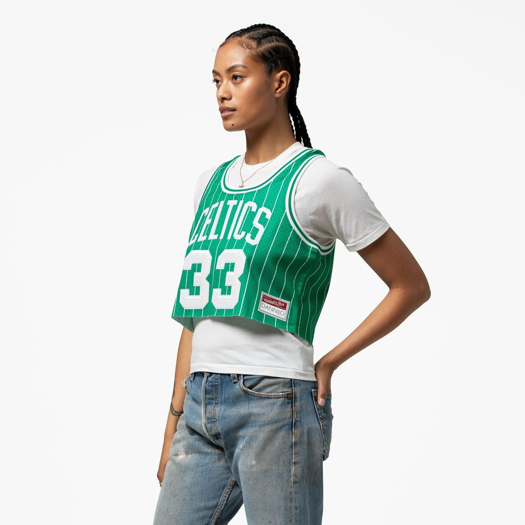 Larry Bird Boston Celtics Mitchell & Ness x DANNIJO Women's Fashion Cropped Basketball Jersey - Kelly Green | NBA Fan Gear