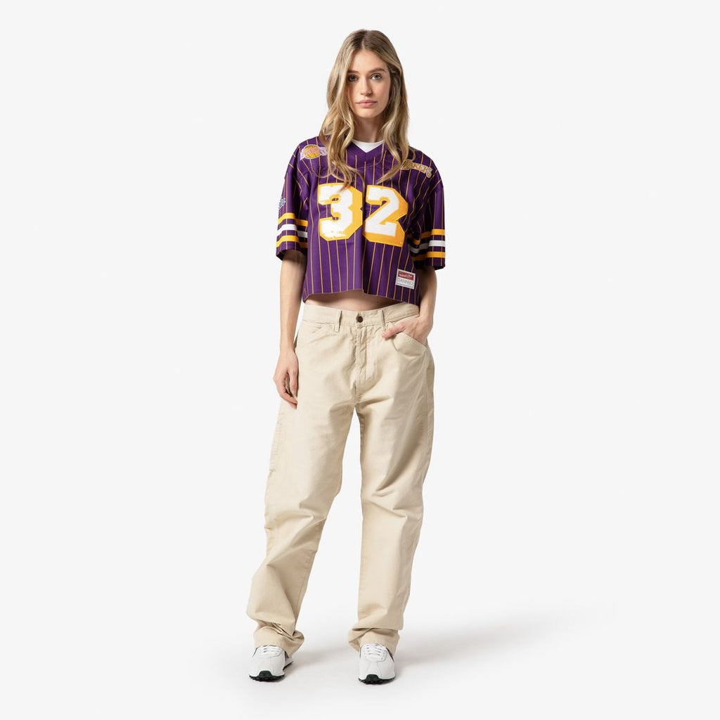 Magic Johnson Los Angeles Lakers Mitchell & Ness x DANNIJO Women's Cropped Football Fashion Jersey - Purple | NBA Fan Gear