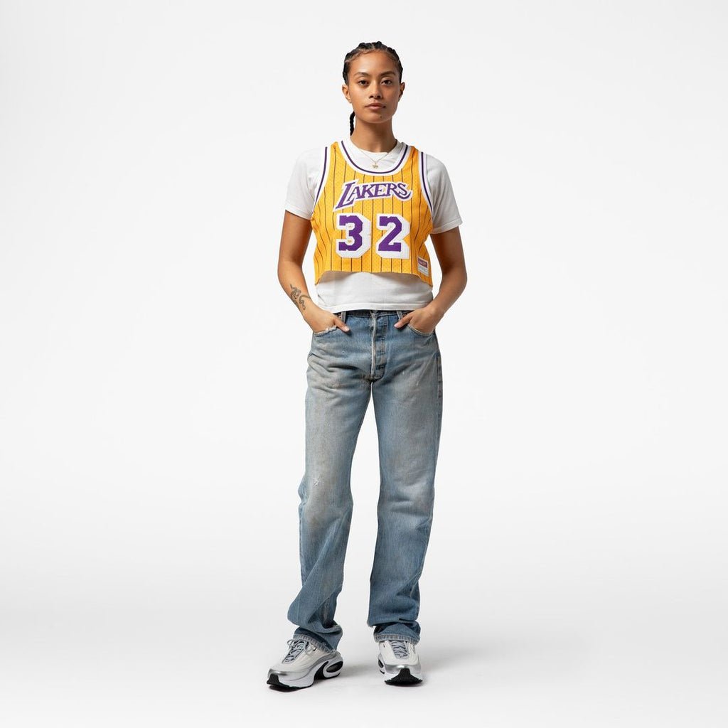 Magic Johnson Los Angeles Lakers Mitchell & Ness x DANNIJO Women's Fashion Cropped Basketball Jersey - Yellow | NBA Fan Gear
