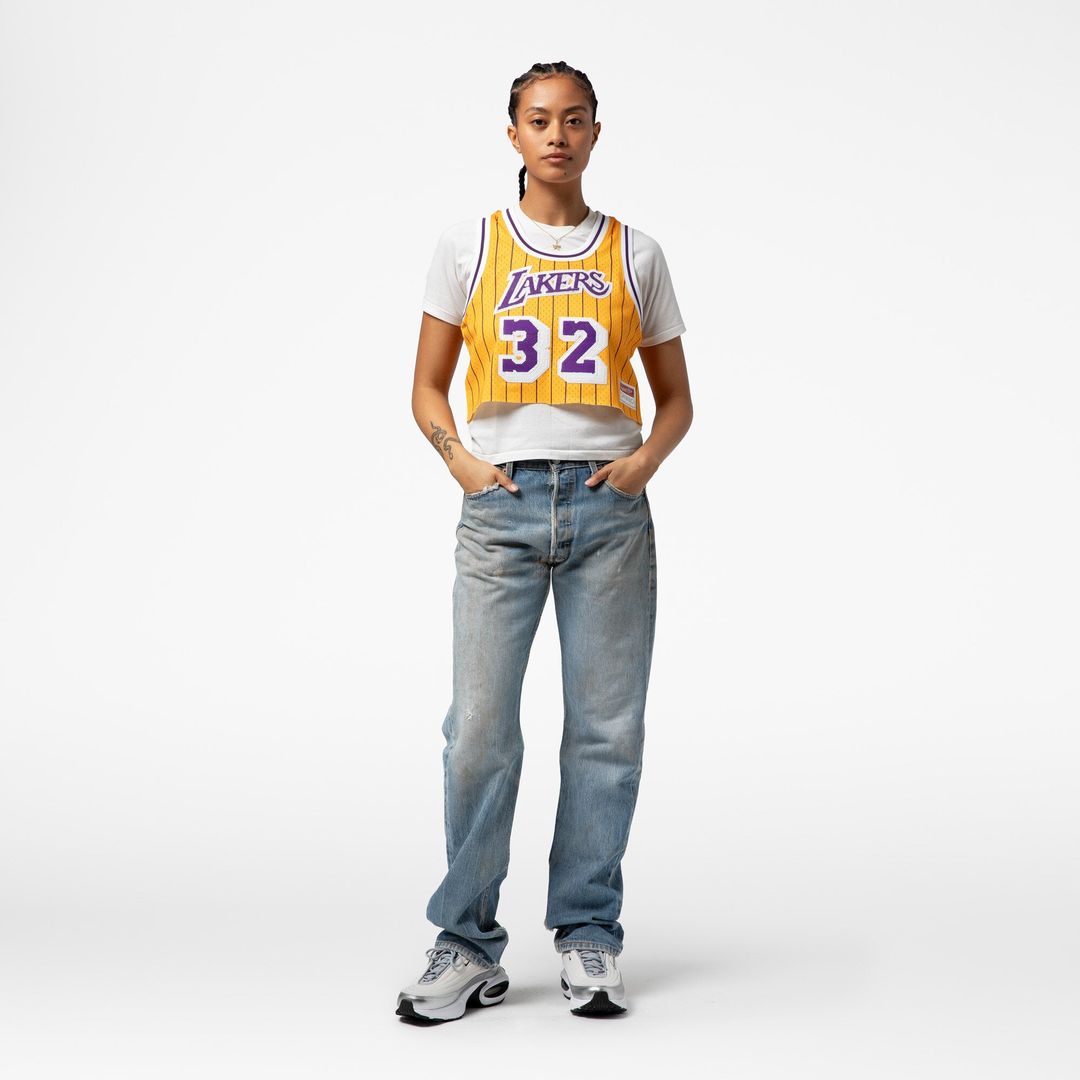 Magic Johnson Los Angeles Lakers Mitchell & Ness x DANNIJO Women's Fashion Cropped Basketball Jersey - Yellow | NBA Fan Gear