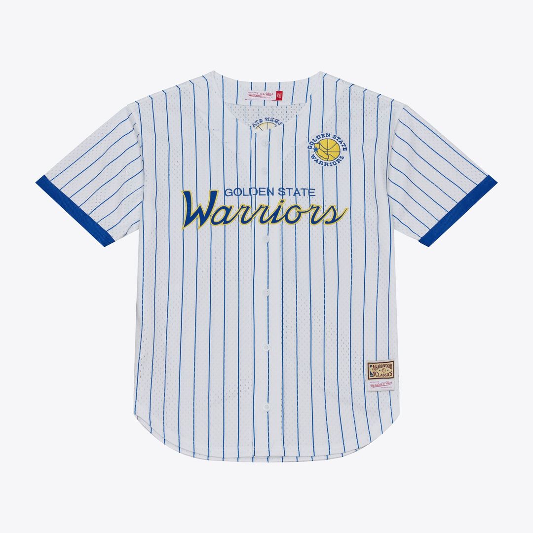 Golden State Warriors Mitchell & Ness Head Coach Pinstripe Mesh Full-Button Baseball Jersey - White | NBA Fan Gear