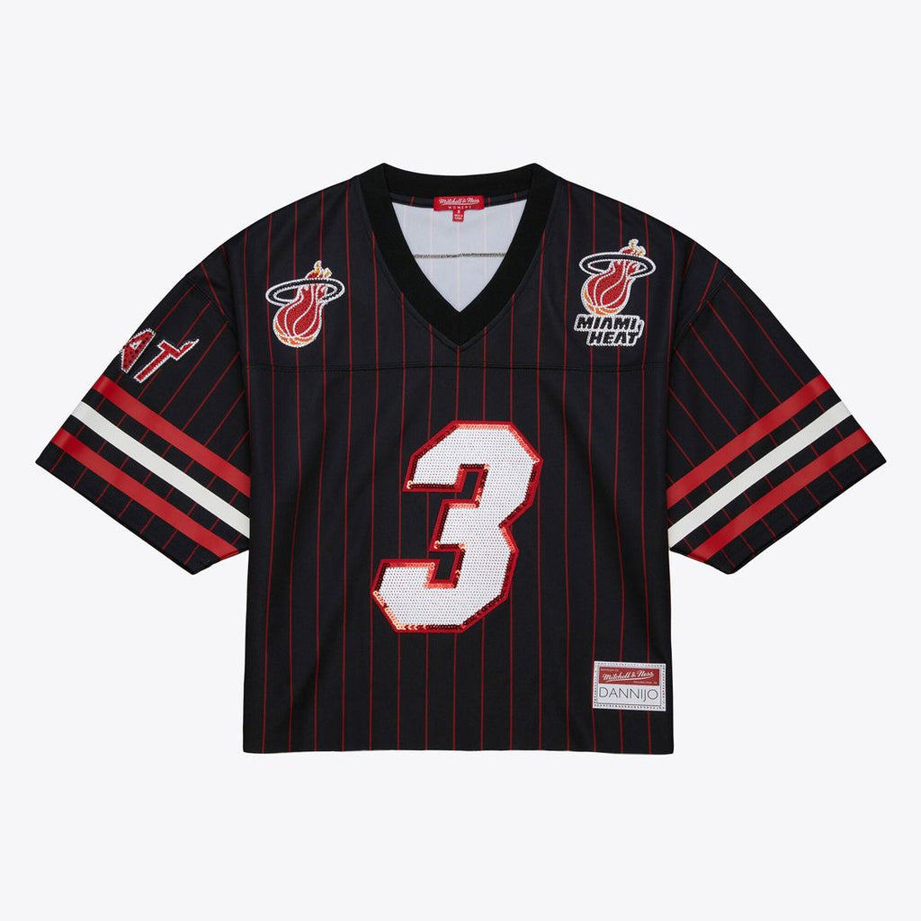 Dwyane Wade Miami Heat Mitchell & Ness x DANNIJO Women's Cropped Football Fashion Jersey - Black | NBA Fan Gear