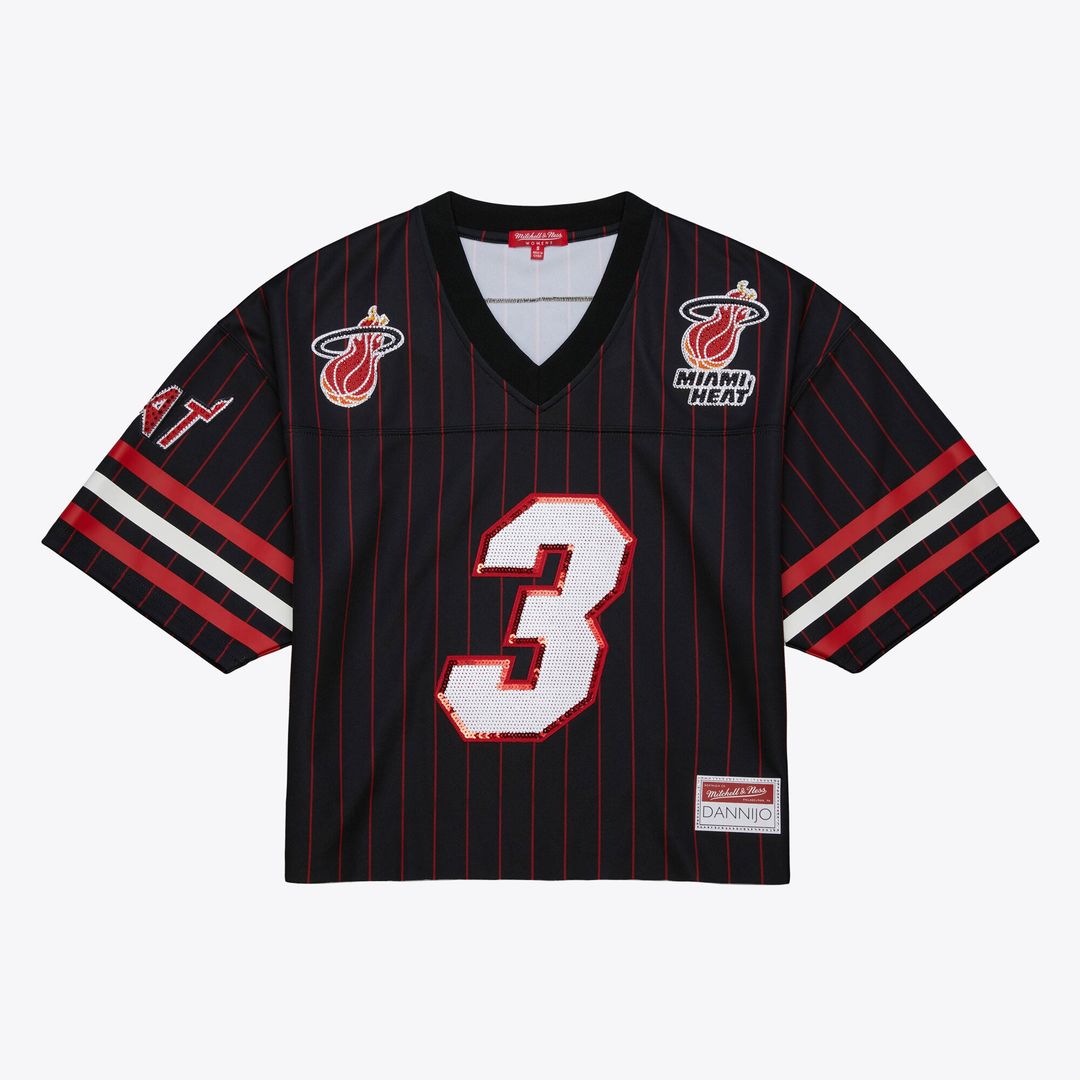 Dwyane Wade Miami Heat Mitchell & Ness x DANNIJO Women's Cropped Football Fashion Jersey - Black | NBA Fan Gear
