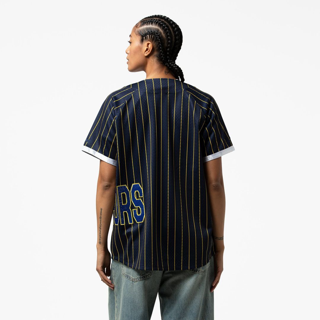 Golden State Warriors Mitchell & Ness x DANNIJO Women's Fashion Baseball Jersey - Blue | NBA Fan Gear