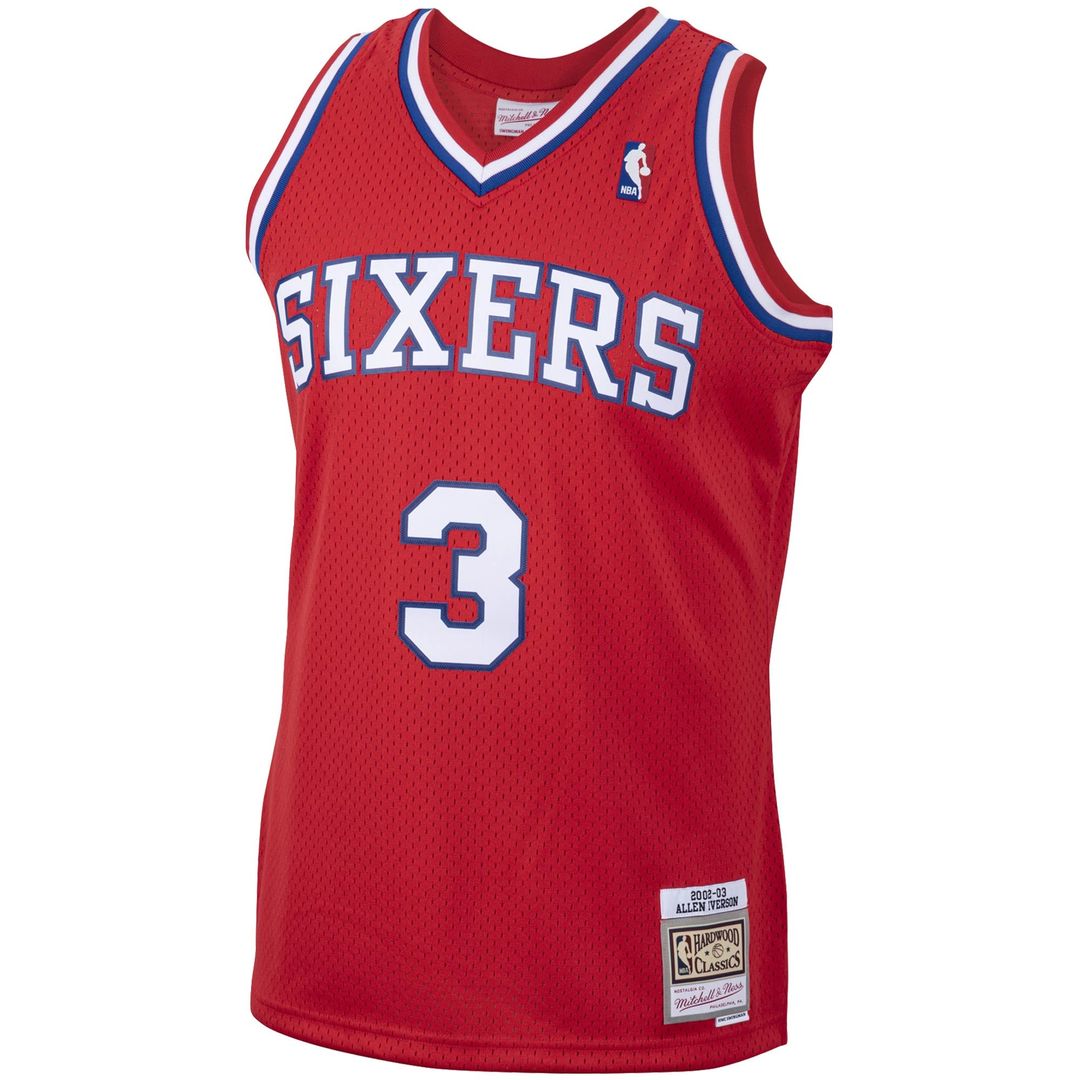 Allen Iverson Philadelphia 76ers Mitchell & Ness 2002/ 03 Hardwood Classics Swingman Jersey - Red | NBA Fan Gear