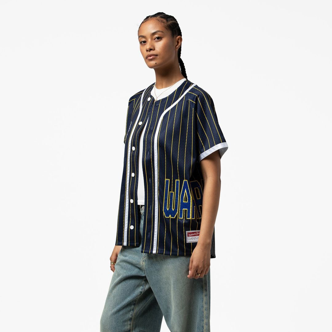 Golden State Warriors Mitchell & Ness x DANNIJO Women's Fashion Baseball Jersey - Blue | NBA Fan Gear
