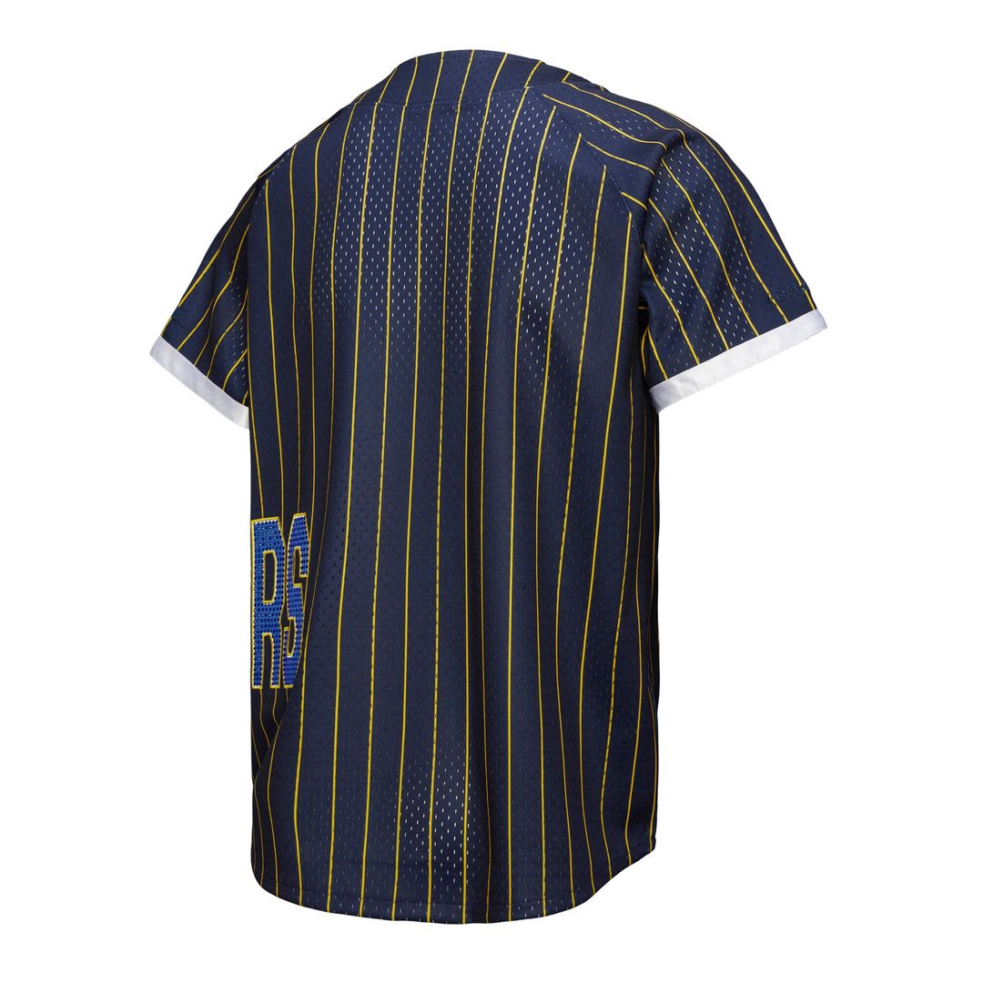 Golden State Warriors Mitchell & Ness x DANNIJO Women's Fashion Baseball Jersey - Blue | NBA Fan Gear