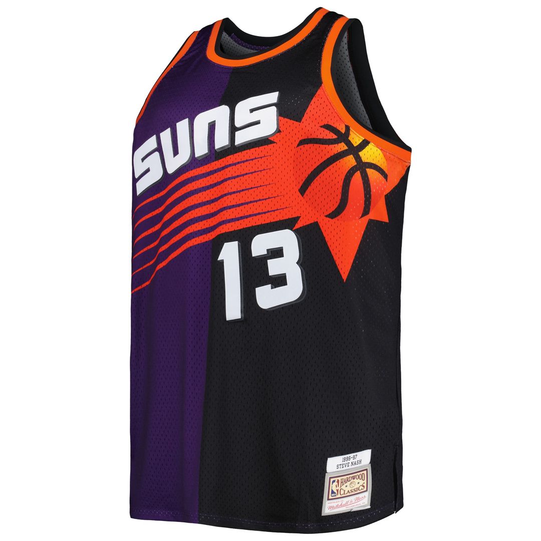 Steve Nash Phoenix Suns Mitchell & Ness Big & Tall Hardwood Classics 1996/ 97 Split Swingman Jersey - Purple/ Black | NBA Fan Gear