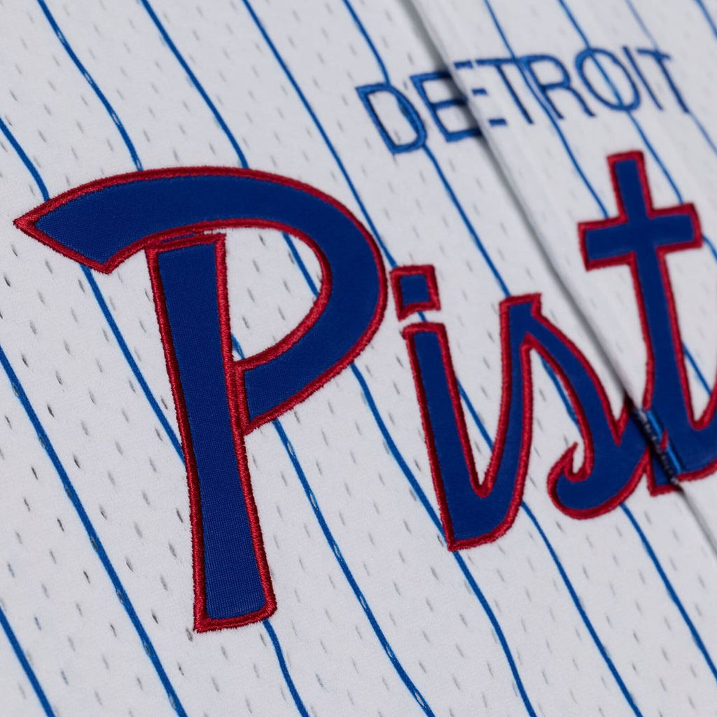 Detroit Pistons Mitchell & Ness Head Coach Pinstripe Mesh Full-Button Baseball Jersey - White | NBA Fan Gear